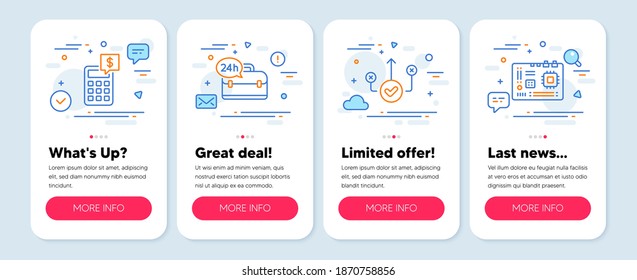 Set of Technology icons, such as Correct way, 24h service, Calculator symbols. Mobile app mockup banners. Motherboard line icons. Good choice, Support, Money management. Computer component. Vector