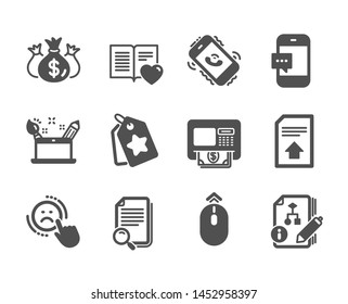 Set of Technology icons, such as Creativity concept, Upload file, Smartphone message, Algorithm, Love book, Call center, Swipe up, Loyalty tags, Check investment, Atm, Dislike, Search file. Vector