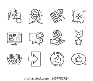 Set of Technology icons, such as Credit card, Winner medal, Login, Augmented reality, Employee hand, Analytics graph, Feedback, Cogwheel, Safe planet, Employees messenger, Loyalty points. Vector