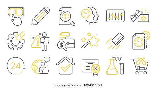 Set of Technology icons, such as Credit card, Project deadline, Pencil symbols. Dj controller, Cross sell, Payment click signs. Accounting report, Seo gear, Loyalty gift. Chemistry lab. Vector