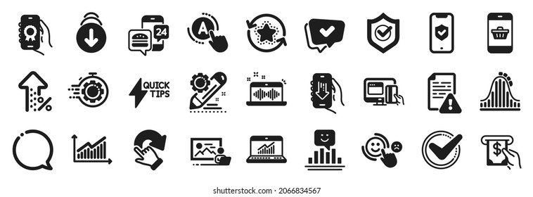 Juego de iconos de tecnología, como satisfacción del cliente, puntos de lealtad, iconos de edición del proyecto. Descargar aplicación, estadísticas en línea, signos de guía de Quickstart. Servicio Atm, aumento de porcentaje, sonrisa. Vector