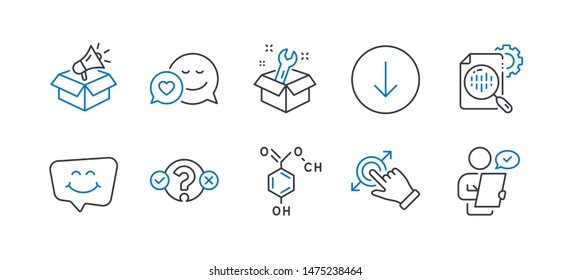Set of Technology icons, such as Dating, Scroll down, Quiz test, Touchscreen gesture, Spanner, Chemical formula, Smile chat, Seo stats, Megaphone box, Customer survey line icons. Vector