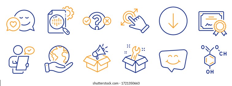 Set of Technology icons, such as Dating, Scroll down. Certificate, save planet. Quiz test, Touchscreen gesture, Spanner. Chemical formula, Smile chat, Seo stats. Vector