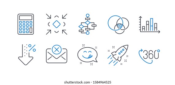 Set of Technology icons, such as Diagram graph, Calculator, Startup rocket, Euler diagram, Reject mail, Minimize, Low percent, Yummy smile, 360 degree line icons. Line diagram graph icon. Vector