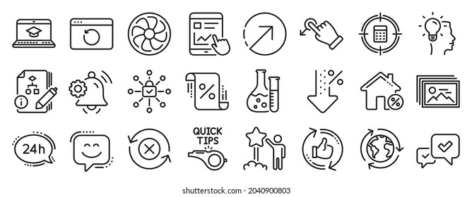 Set of Technology icons, such as Direction, Drag drop, Approve icons. Tutorials, Notification bell, Idea signs. 24h service, Reject refresh, Refresh like. Loan percent, Website education. Vector