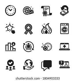 Set of Technology icons, such as Dishwasher timer, Dryer machine. Certificate, approved group, save planet. Talk bubble, Medical help, Cashback. World mail, Faq, Time management. Vector