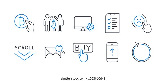 Set of Technology icons, such as Dislike, Interview, Search mail, Swipe up, Scroll down, Monitor settings, Buying, Bitcoin pay, Partnership, Loop line icons. Line dislike icon. Vector