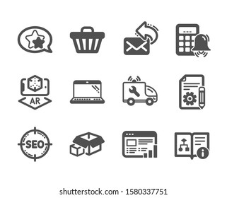 Set of Technology icons, such as Documentation, Calculator alarm, Packing boxes, Technical algorithm, Augmented reality, Share mail, Seo, Car service, Laptop, Web report, Star, Shop cart. Vector