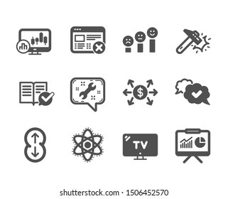 Set of Technology icons, such as Dollar exchange, Hammer blow, Reject web, Presentation, Scroll down, Spanner, Candlestick chart, Chemistry atom, Customer satisfaction, Approved, Tv. Vector