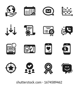 Set of Technology icons, such as Dot plot, Messenger. Certificate, approved group, save planet. Star target, Calendar graph, Phone payment. Certificate, Recovery ssd, Scroll down. Vector