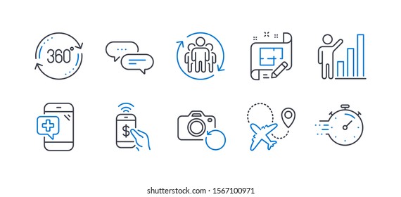 Set of Technology icons, such as Dots message, Airplane, Architect plan, Medical phone, Recovery photo, Graph chart, Teamwork, Full rotation, Phone payment, Timer line icons. Vector