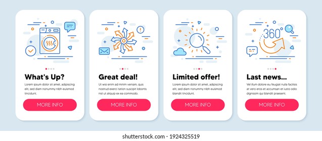 Set of Technology icons, such as Dryer machine, Versatile, Search symbols. Mobile screen banners. 360 degrees line icons. Laundry, Multifunction, Find document. Full rotation. Vector