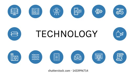 Set of technology icons such as Ebook, Thermometer, Cloud, Smartphone, Rocket, Game console, Stove, Levels, Dashboard, Interactive, Scroll, Data, Filter , technology