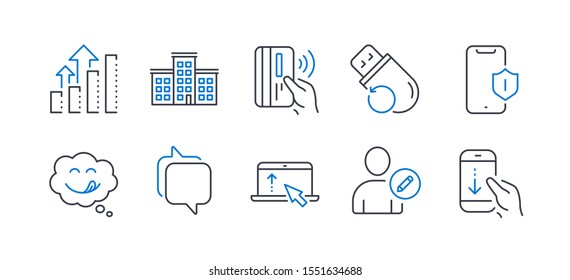 Set of Technology icons, such as Edit user, Smartphone protection, Swipe up, Company, Yummy smile, Messenger, Contactless payment, Analysis graph, Flash memory, Scroll down line icons. Vector