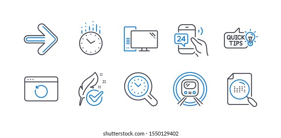 Set of Technology icons, such as Education idea, Recovery internet, Next, Time, Hypoallergenic tested, 24h service, Computer, Metro subway, Time management, Search file line icons. Vector