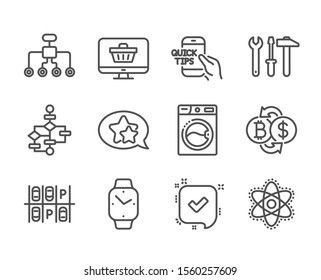 Set of Technology icons, such as Education, Parking place, Chemistry atom, Block diagram, Confirmed, Web shop, Smartwatch, Restructuring, Spanner tool, Star, Bitcoin exchange line icons. Vector