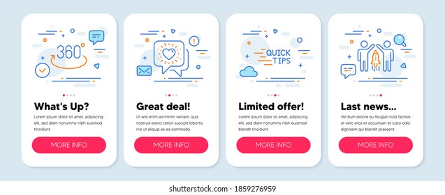 Set of Technology icons, such as Education, Friends chat, Full rotation symbols. Mobile screen app banners. Partnership line icons. Quick tips, Friendship, 360 degree. Business startup. Vector