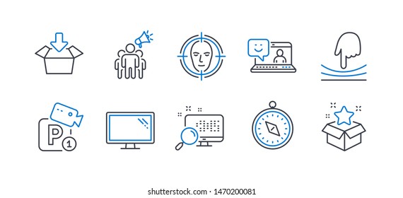 Set of Technology icons, such as Elastic, Travel compass, Monitor, Search, Brand ambassador, Smile, Get box, Face detect, Parking security, Loyalty program line icons. Line elastic icon. Vector
