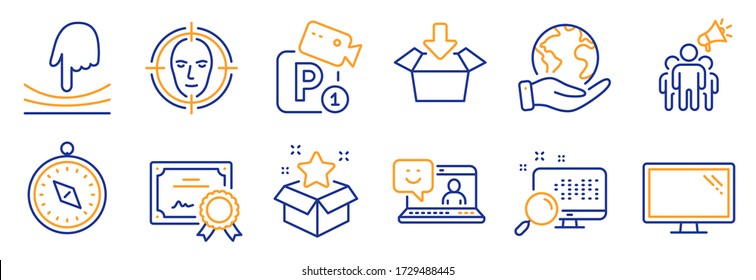 Set Of Technology Icons, Such As Elastic, Travel Compass. Certificate, Save Planet. Monitor, Search, Brand Ambassador. Smile, Get Box, Face Detect. Parking Security, Loyalty Program Line Icons. Vector