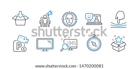 Set of Technology icons, such as Elastic, Travel compass, Monitor, Search, Brand ambassador, Smile, Get box, Face detect, Parking security, Loyalty program line icons. Line elastic icon. Vector