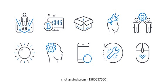 Set of Technology icons, such as Employees teamwork, Engineering, Bitcoin system, Sun energy, Brand ambassador, Augmented reality, Open box, Recovery phone, Recovery tool, Scroll down. Vector