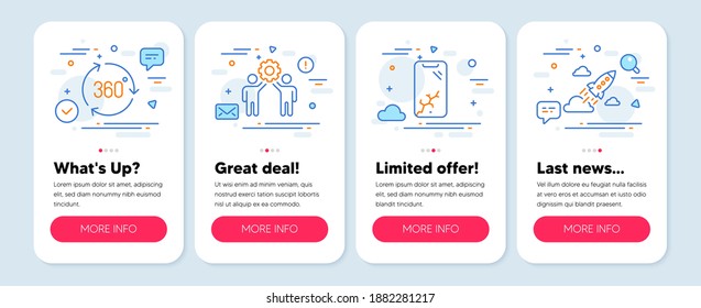 Set of Technology icons, such as Employees teamwork, Smartphone broken, 360 degree symbols. Mobile app mockup banners. Startup rocket line icons. Collaboration, Phone crash, Virtual reality. Vector