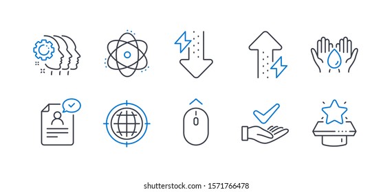 Conjunto de iconos de la tecnología, como el cultivo de energía, Swipe up, trabajo en equipo de los empleados, Reanudar documento, Atom, probado dermatológicamente, Seo Internet, Gotas de energía, Agua segura, Podio del ganador. Vector