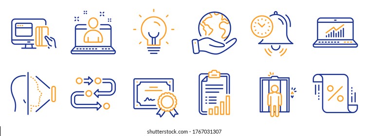 Juego de iconos de tecnología, como Energía, Ascensor. Certificado, salva el planeta. Mejor gestor, gestión de tiempo, pago en línea. Estadísticas en línea, Lista de verificación, Porcentaje de préstamo. Vector
