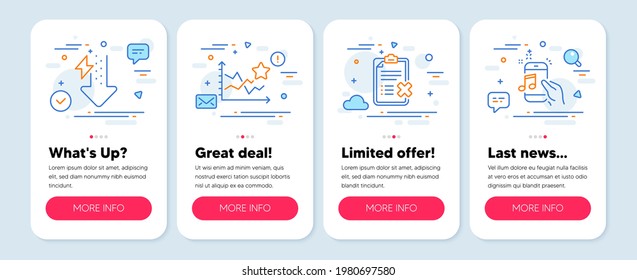 Set of Technology icons, such as Energy drops, Ranking stars, Reject checklist symbols. Mobile screen banners. Music phone line icons. Power usage, Winner results, Decline file. Radio sound. Vector