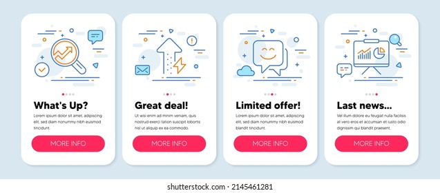 Conjunto de iconos de tecnología, como crecimiento de energía, cara sonrisa, símbolos analíticos. Banners de simulación de aplicaciones móviles. Iconos de la línea de presentación. Uso de energía, Chat, Análisis de auditoría. Junta con gráficos. Vector