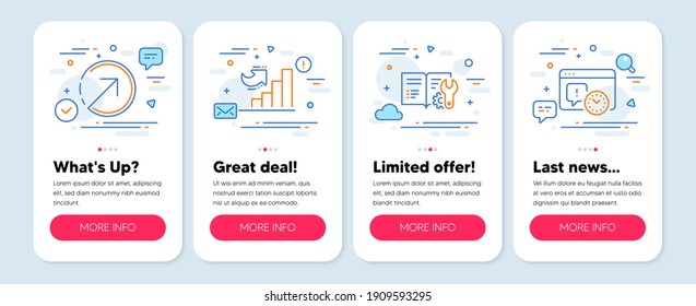Set of Technology icons, such as Engineering documentation, Growth chart, Direction symbols. Mobile app mockup banners. Project deadline line icons. Manual, Diagram graph, Navigation pointer. Vector
