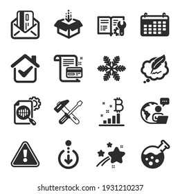 Set of Technology icons, such as Engineering documentation, Credit card, Bitcoin graph symbols. Calendar, Copyright chat, Scroll down signs. Payment card, Seo stats, Snowflake. Hammer tool. Vector