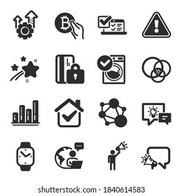 Set of Technology icons, such as Euler diagram, Online survey, Idea lamp symbols. Megaphone, Washing machine, Blocked card signs. Seo gear, Brand ambassador, Integrity. Smartwatch. Vector