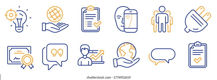 Set von Technologie-Symbolen, wie Gesichtsbiometrie, Angebotsblase. Zertifikat, retten Sie unseren Planeten. Checkliste, Messenger, sicherer Planet. Gruppe, Seo Idee, Elektrischer Stecker. Vektorgrafik
