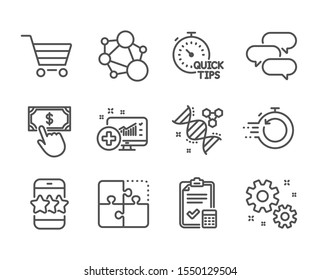 Set Of Technology Icons, Such As Fast Recovery, Accounting Checklist, Star, Market Sale, Talk Bubble, Payment Click, Work, Quick Tips, Puzzle, Chemistry Dna, Medical Analytics, Integrity. Vector