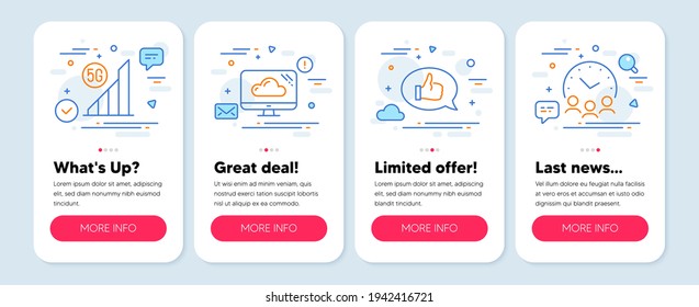 Set of Technology icons, such as Feedback, 5g wifi, Cloud storage symbols. Mobile screen mockup banners. Meeting time line icons. Speech bubble, Wireless signal, Computer. Conference hours. Vector