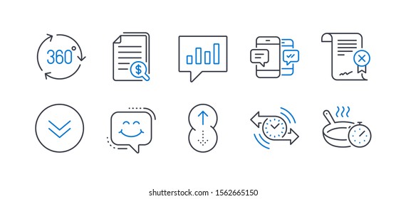 Set of Technology icons, such as Financial documents, Timer, Smartphone sms, Reject certificate, Scroll down, Smile chat, 360 degree, Analytical chat, Swipe up, Frying pan line icons. Vector