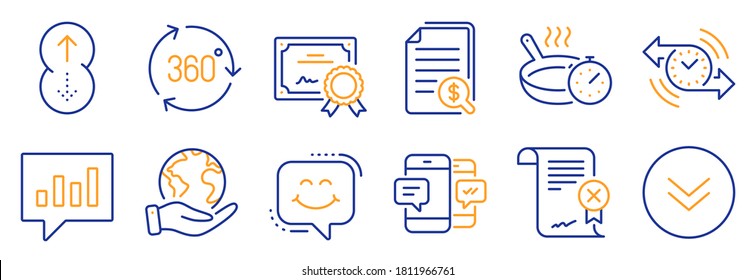 Set of Technology icons, such as Financial documents, Timer. Certificate, save planet. Smartphone sms, Reject certificate, Scroll down. Smile chat, 360 degree, Analytical chat. Vector