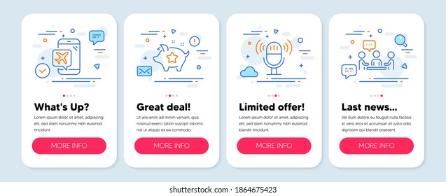Set of Technology icons, such as Flight mode, Loyalty points, Microphone symbols. Mobile screen app banners. People chatting line icons. Airplane mode, Piggy bank, Mic. Conference. Vector