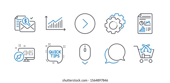 Set of Technology icons, such as Forward, Settings gears, Scroll down, Report document, Accounting report, Chat message, Web system, Quick tips, Graph, Cross sell line icons. Line forward icon. Vector
