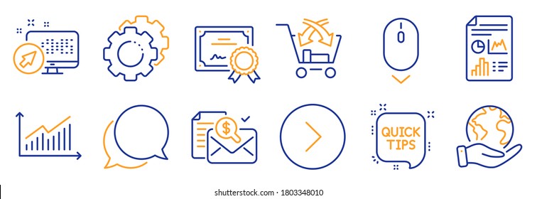 Set of Technology icons, such as Forward, Settings gears. Certificate, save planet. Scroll down, Report document, Accounting report. Chat message, Web system, Quick tips. Vector