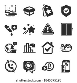 Juego de íconos de Tecnología, como Charla de Amigos, Pipeta Química, Símbolos de pago sin contacto. Carros parachoques, bitcoin de actualización, señales de caja de apertura. Protector de seguridad, etiquetas de lealtad, velocímetro. Vector