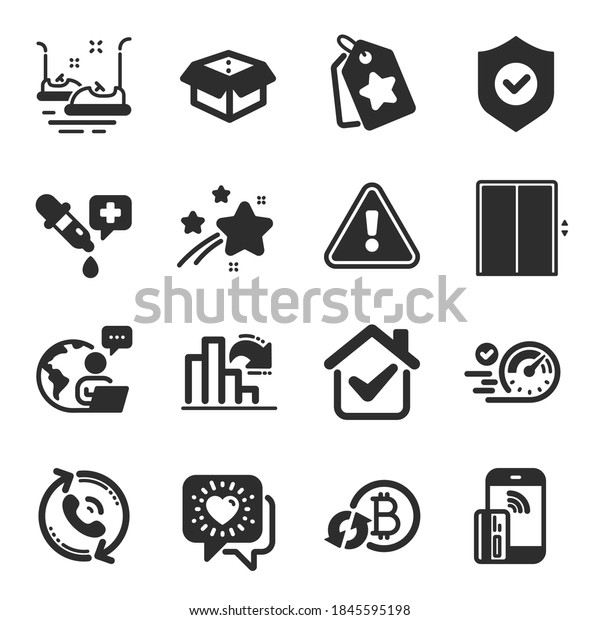 Set of Technology icons, such as Friends chat,\
Chemistry pipette, Contactless payment symbols. Bumper cars,\
Refresh bitcoin, Open box signs. Security shield, Loyalty tags,\
Speedometer. Vector