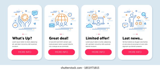 Juego de iconos de tecnología, como el negocio global, el acceso en línea, los símbolos de mano del empleado. Banners de simulación de pantalla móvil. Iconos de línea de algoritmo. Subcontratación, Usuario aprobado, Equipo de trabajo. Vector