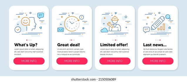 Set of Technology icons, such as Good mood, Repairman, Time change symbols. Mobile screen banners. Edit statistics line icons. Positive thinking, Repair service, Clock. Seo manage. Vector
