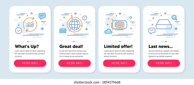 Set of Technology icons, such as Gpu, Update data, Globe symbols. Mobile app mockup banners. Mini pc line icons. Graphic card, Sales statistics, Internet world. Computer. Gpu icons. Vector