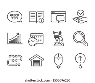 Set of Technology icons, such as Graph chart, Microscope, Quickstart guide, Methodology, Research, Seo message, Scroll down, Calendar time, Swipe up, Technical info, Parking garage. Vector