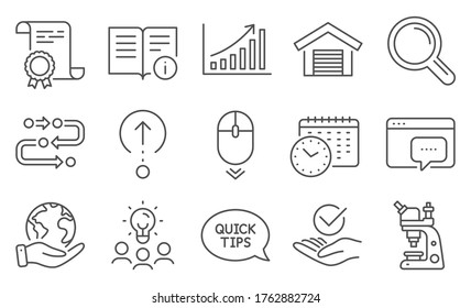 Juego de iconos de tecnología, como gráfico de gráficos, Microscopio. Diploma, ideas, salvar el planeta. Guía de inicio rápido, Metodología, Investigación. Seo mensaje, Desplazarse hacia abajo, Hora del calendario. Vector