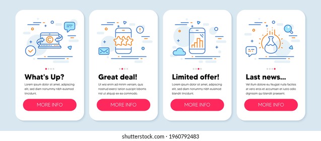 Set of Technology icons, such as Graph phone, Star, Copywriting notebook symbols. Mobile app mockup banners. Chemistry experiment line icons. Mobile statistics, Phone feedback, Writer laptop. Vector