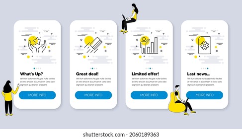 Set of Technology icons, such as Graph chart, Ranking, Credit card icons. UI phone app screens with people. File management line symbols. Growth report, Hold star, Bank payment. Vector